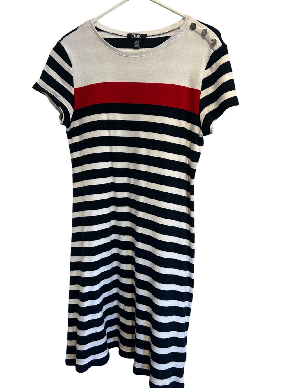 EUC Chaps Navy and White Striped Dress with Red Chest Band.